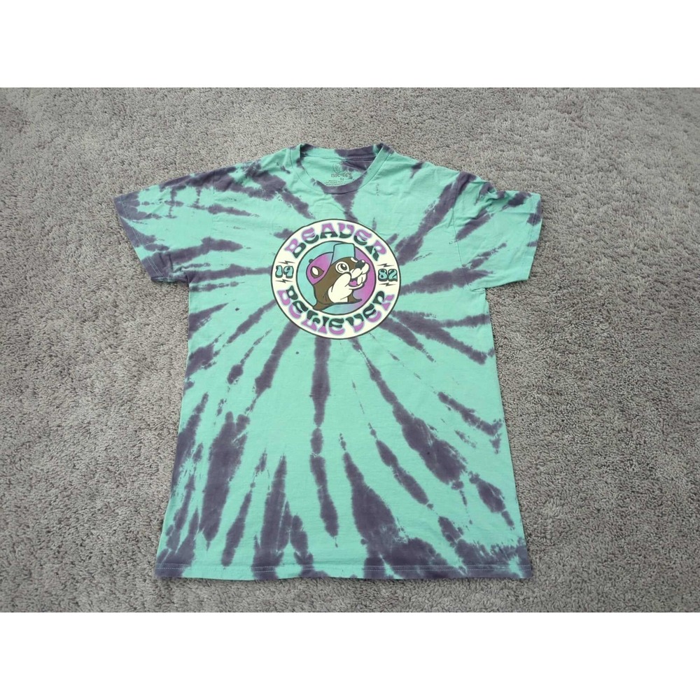Buc-ee's T Shirt Mens M Green Purple Tie Dye Short‎ Sleeve Beaver Believer 1982